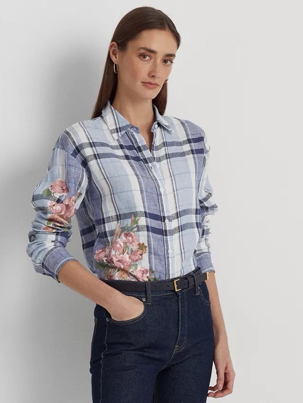Lauren Ralph Lauren Floral Plaid Linen Shirt Button Down Women Size M